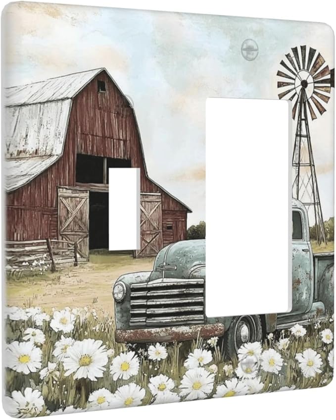 Retro Trucks Old Barn Windmill Teal Car Rustic Outlet Covers 1 Toggle 1 Rocker Combination Decorative Wall Plate Electrical Switch Plates Light Switch Cover Plate for Farmhouse Home Decor