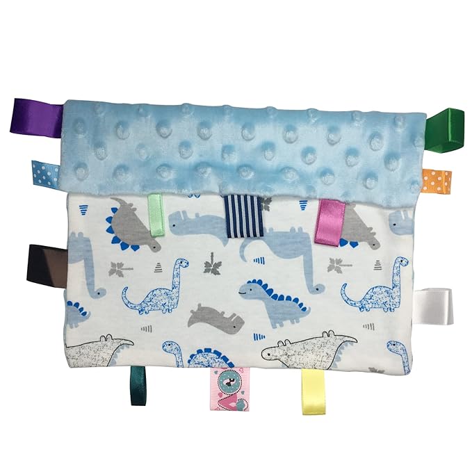 Lovey Dinosaur Security Blanket for Baby - Soft Plush Sensory Toy Comfort Appease Towel with Minky Dot Fabric - Small Taggy Blanket, No Crinkle Paper - Light Blue