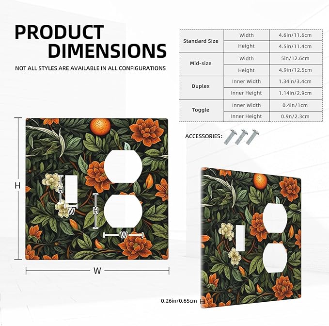 Light Switch Cover Plate William Morris Orange Flowers Rustic Leaves Floral 2 Gang Decorative Switch Plates 1 Toggle Duplex Combo Outlet Covers GFCI Wall Plates for Bathroom Bedroom Decor
