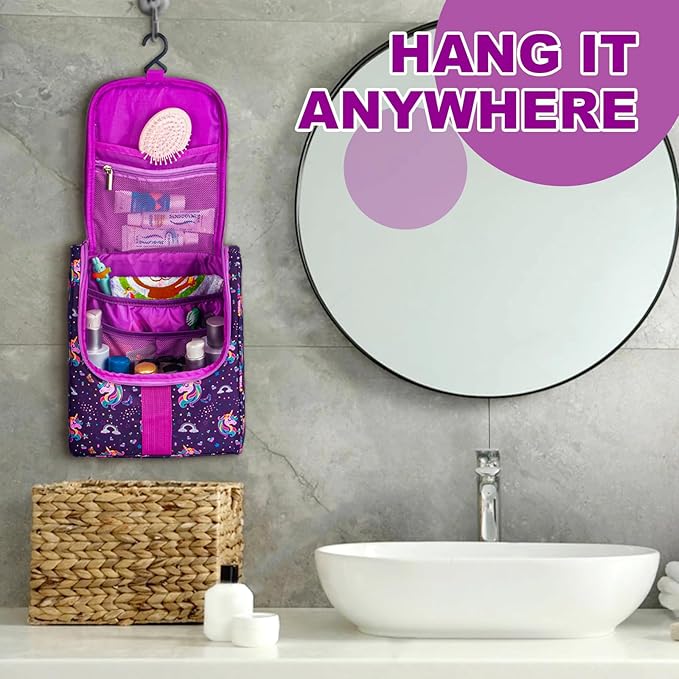 Remobia Hicol Cute Cartoon Hanging Kids Toiletry Bag Children Travel Cosmetic Makeup Organizer Wash Bag Shower bag Over Night Bag Camping Shaving Kit Bag for Boys & Girls(Unicorn)