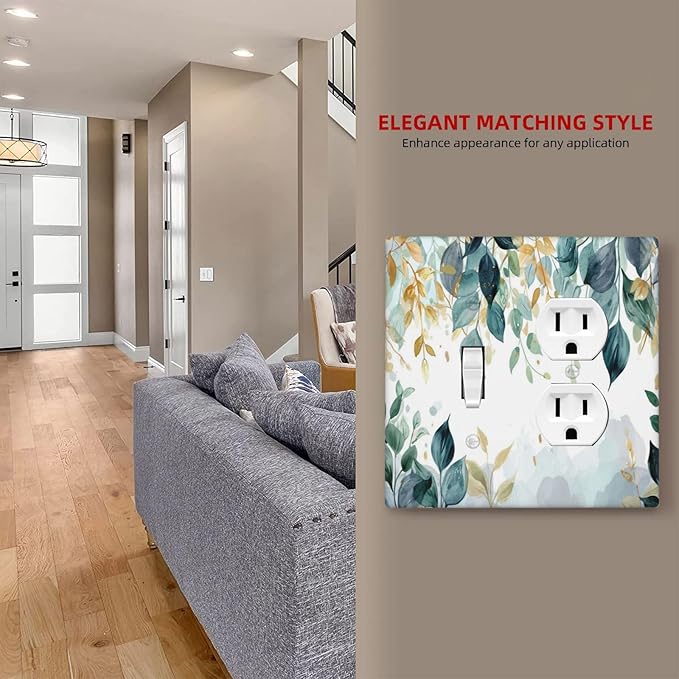 Boho Goldgreen Leaf Botanical Eucalyptus Leaves Wallplates 1 Toggle 1 Duplex Switch Plate Electrical GFCI Faceplate Decorative Light Switch Covers for Bedroom Living Room Decor