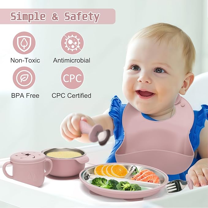MISSLILI Stainless Steel Kids Plates and Bowls Set with Suction, Divided Baby Plate and Toddler Bowl with Removable Silicone Suction,Stainless Steel Weaning Bundle, Silicone Baby Feeding Set (Pink)