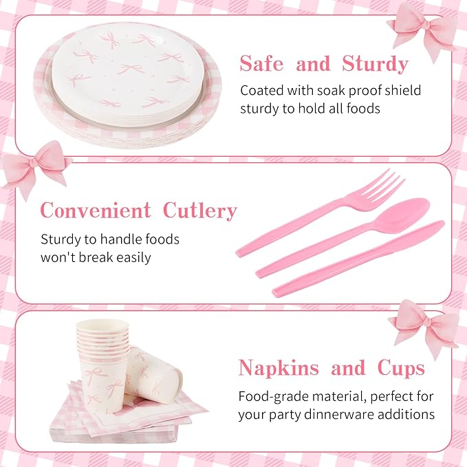 Coquette Birthday Decorations,210 Pcs Pink Bow Party Plates Napkins Cups Forks Spoons Knives Tableware Sets for Girls Birthday Party Decor,Serves 30