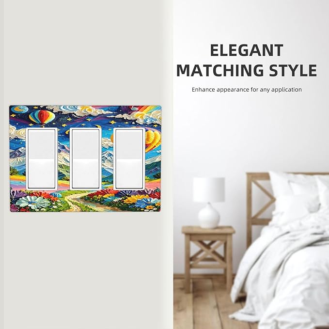 Hot Air Balloons Floral Vibrant Colors Flowers Mountains Stars Moon Light Switch Covers 3 Gang Rocker Decorative Triple Outlet Wall Plate Cover Switchplate Electrical Gfci for Bedroom Kids Room