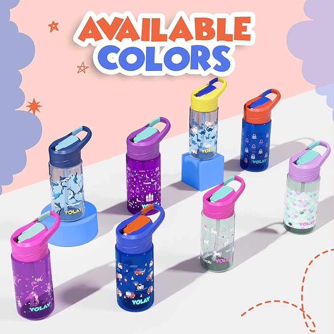 YOLAY 15oz Kids Water Bottle For School Boys and Girls, Durable Toddler Water Bottle with Straw Lid Leak-Proof, Spill Proof, Easy Clean and Dishwasher Safe with Re-Usable and BPA Free - Robo