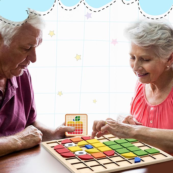 Soulchen 120 Pcs Wooden Matching Puzzle Blocks, Dementia Activities for Seniors, Elderly, Alzheimers Patients, Cognitive Therapy Puzzle, Brain Occupational Gift, Senior Care Gift, Nursing Home