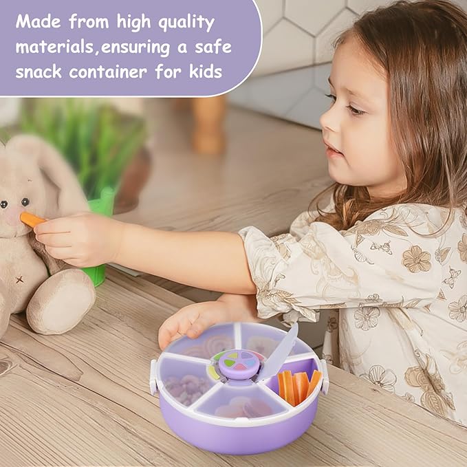 JOOPETALK Kids' Rotating Snack Container Set – 2-Pack, Includes 1 Rotating Snack Container & 1 Round Sectioned Snack Box, BPA-Free, Dishwasher Safe, Perfect for Travel-Purple