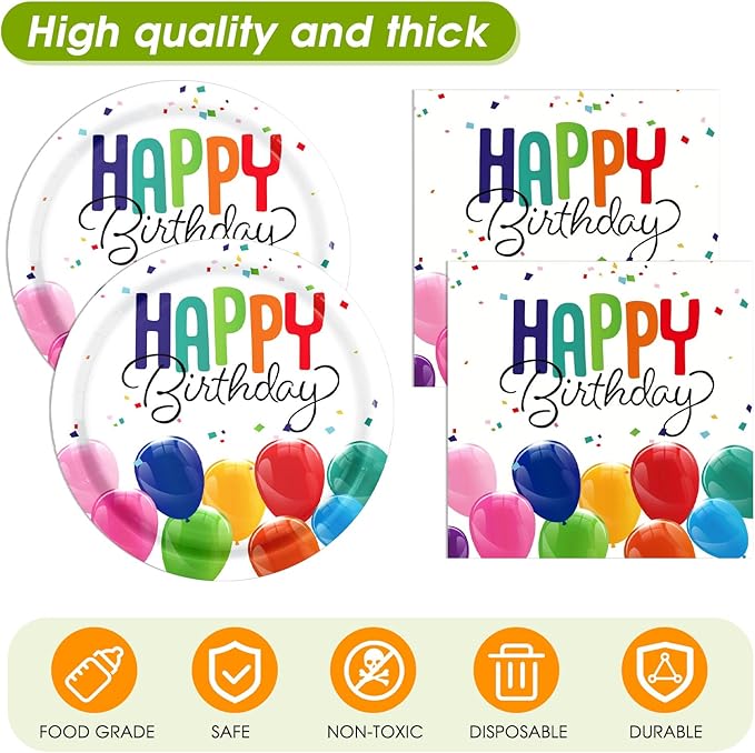 41PCS Happy Birthday Decorations Colorful Birthday Themed Decorations Includes Disposable Paper Plates and Napkins,Tablecloth for Kids' Boys Girls Baby Shower