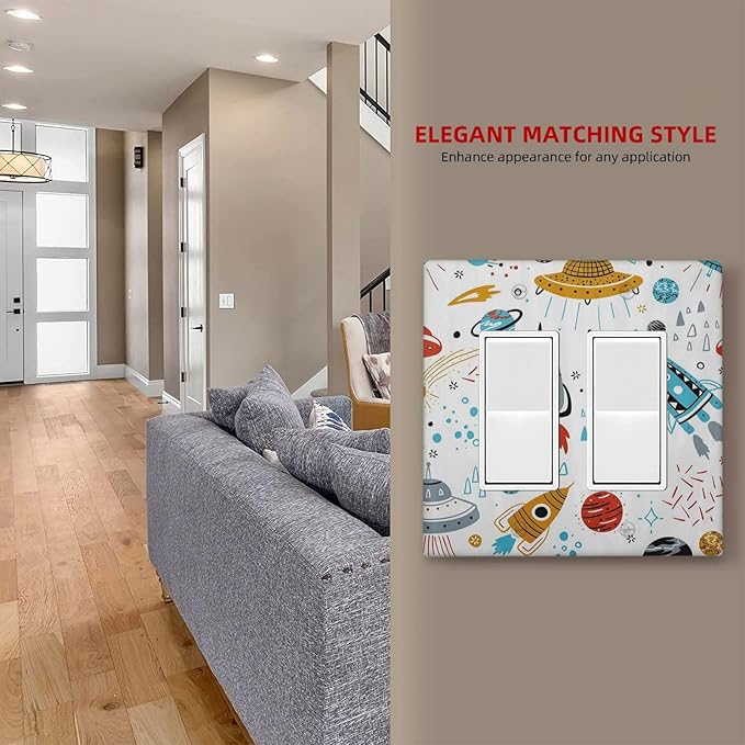 Cartoon Space Rocket Boys Universe Planet 2 Gang Rocker Decora Light Switch Covers Decorative Unique Dual Outlet Covers Wall Plate Electrical Faceplate Switchplate GFCI for Nursery Kidroom