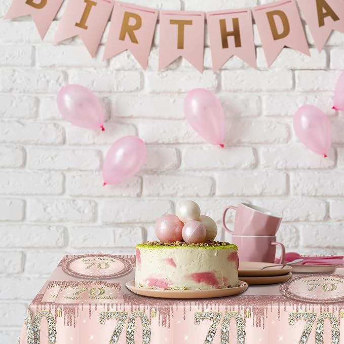 Ryzovo 41Pcs 70th Birthday Decorations, Rose Gold Birthday Party Supplies Include 20Pcs Plates 20Pcs Napkins and 1Piece Tablecloth, Sweet Seventy Year Old Birth Party Tableware for Girl Ladies Women