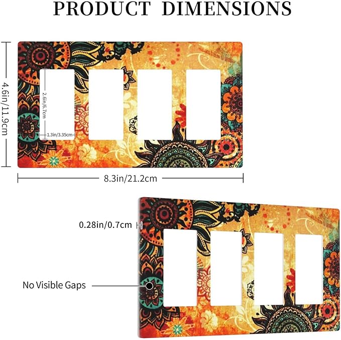 Red Orange Boho Bohemian Flower Floral 4 Gang Quad Rocker Light Switch Cover Decorative Quadruple Device GFCI/Decorator Wall Plate Electric Faceplate Screwless
