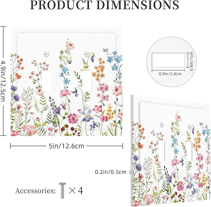 Boho Watercolor Wildflowers Floral Plants Flower Decorative Switch Plates 2 Gang Double Toggle Outlet Light Switch Cover Wall Plate Electrical Faceplate for Bedroom Living Room Decor