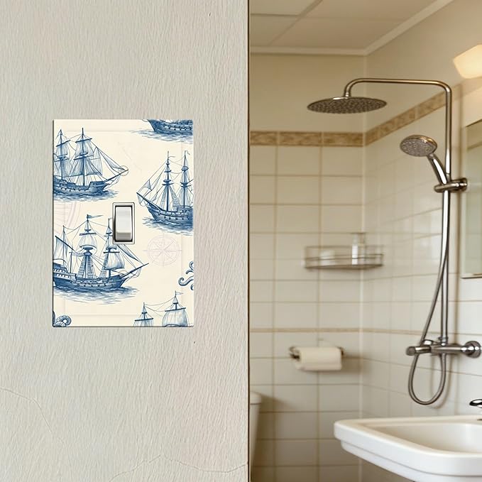 Vintage Nautical Ships 1-Gang Toggle Light Switch Plate, Old World Sailing Vessels Blueprint Design Decorative Wall Plate for Beach House Decor