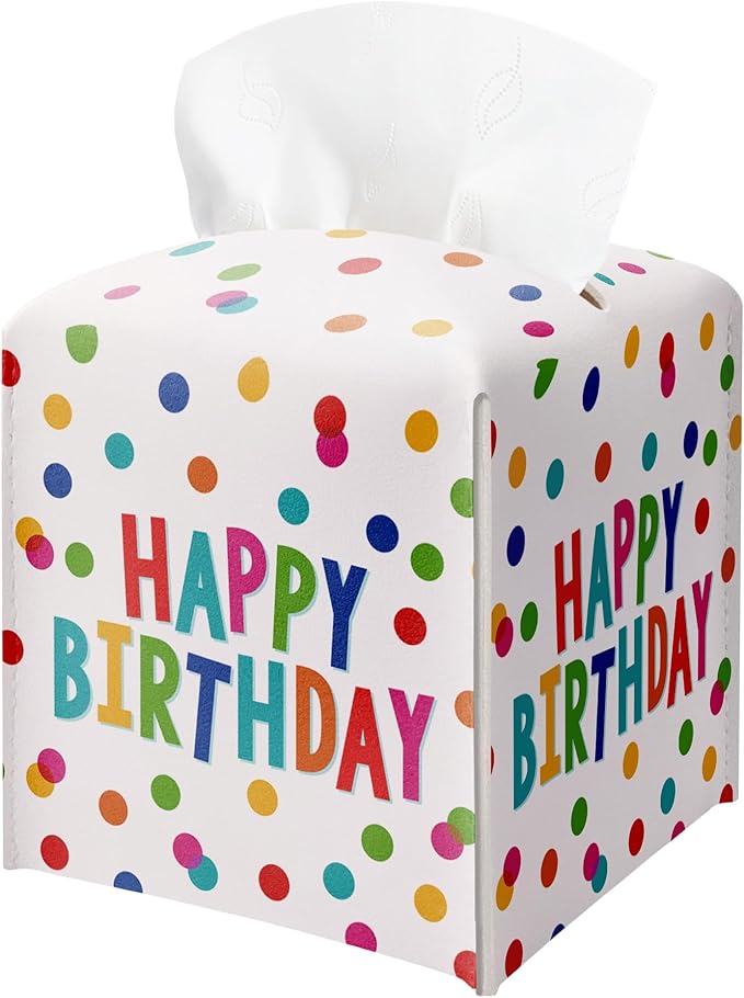 Leather Tissue Box Cover Holder, Watercolor Polka Dots Tissue Box Cover Square with Belt Bottom, Birthday Gifts Idea, Birthday Party Bathroom, Home Office Car Decorations