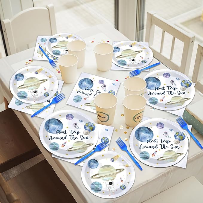 96 PCS First Trip Around The Sun Birthday Party Decorations Outer Space Themed Decorations 1st Space Birthday Dinner Paper Plates Boho Solar System Napkins Forks Sun Theme Party Favors Supplies