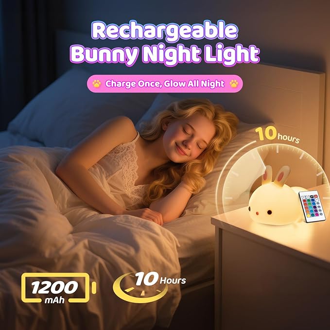 One Fire Easter Bunny Gifts for Kids Night Light with Remote, 16 Colors+5 Brightness Cute Lamp,Easter Bunny Decor/Stuff/Toys for Baby Toddler Soft Silicone Night Light, 1200mAh Portable Bunnies Lamps