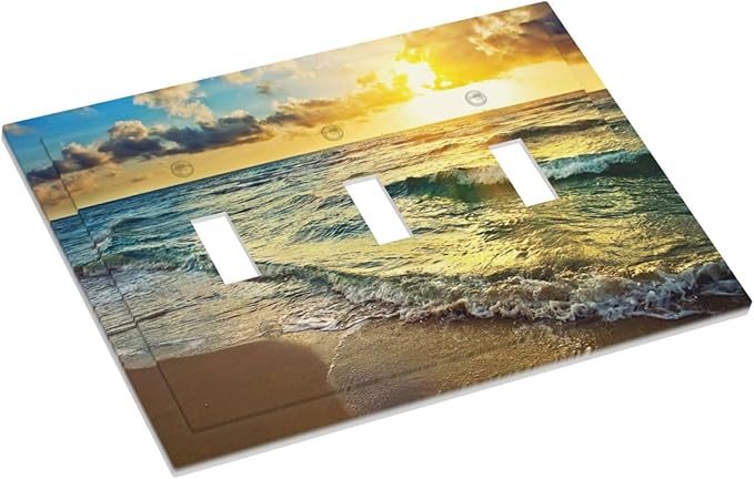 Sea Ocean Beach Sun Wave Sunrise 3 Gang Light Switch Plate Decorative Triple Toggle Wall Plate Cover Electrical Faceplate for Bathroom Home Living Room Decorate