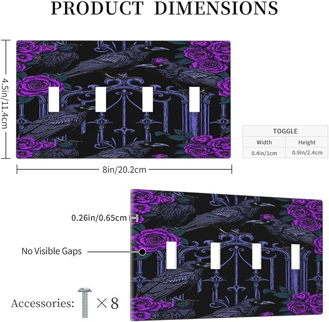 Light Switch Covers Gothic Style Crow Purple Flowers Quad Toggle 4 Gang Wall Plate Electrical Faceplate Decorative Switch Plates for Bedroom living Room Decor
