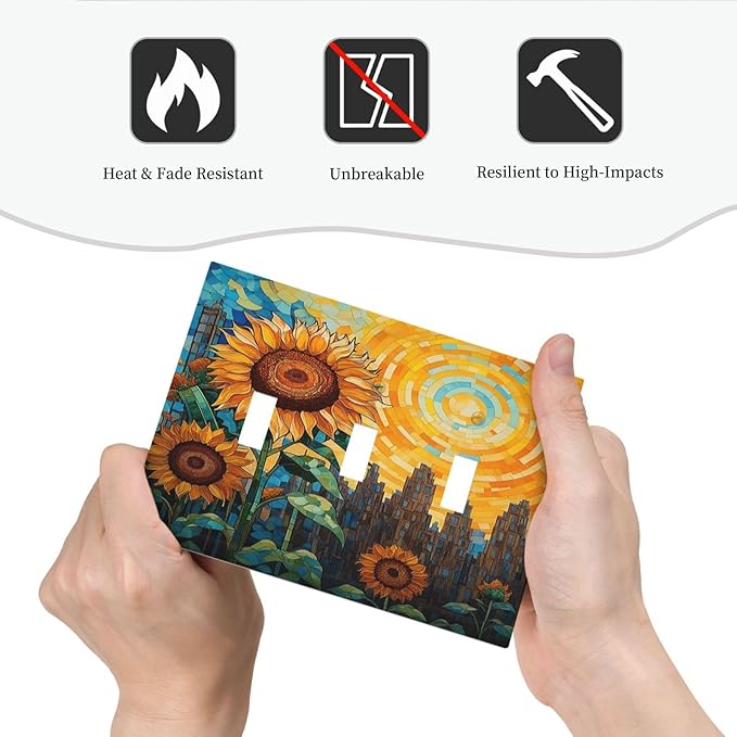 Abstract Sunflower Graffiti Floral Paint Art Flower Decorative Switch Plates 3 Gang Wall Plate Faceplate Electrical Wall Panels Triple Toggle Light Switch Cover for Bedroom Living Room Decor