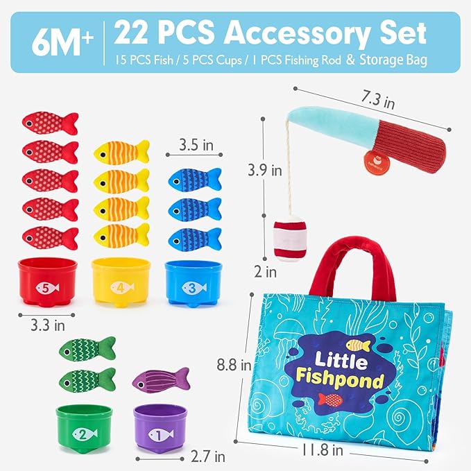 hahaland Montessori Toys for 1 Year Old Boy Girl Birthday Gift - 10 in 1 Cloth Fishing Game Toddler Toys with Stacking Cups - Number Counting, Color Sorting Learning