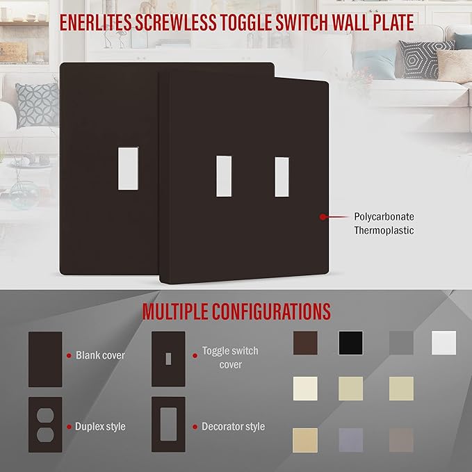 ENERLITES Screwless Double Toggle Switch Wall Plate, Child Safe Dual Light Switch Cover, Standard Size 2-Gang 4.68" x 4.73", Unbreakable Polycarbonate Thermoplastic, UL Listed, SI8812-BR, Glossy Brown