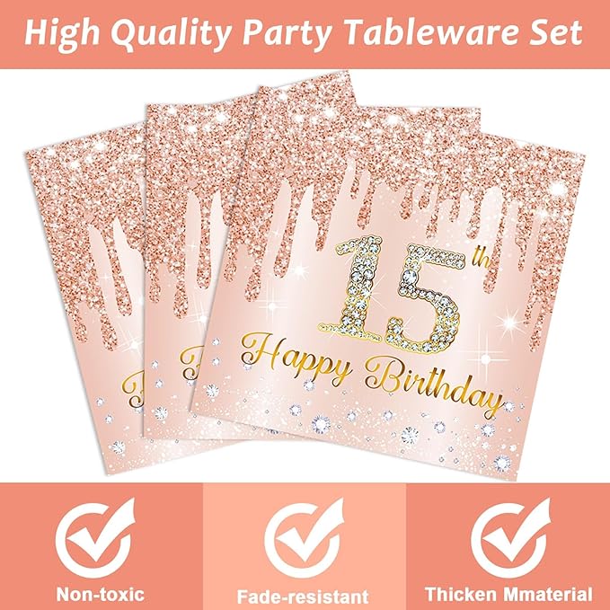 96Pcs 15th Birthday Party Plates and Napkins for 15 Year Old Birthday Party Supplies Rose Gold Paper Dessert Plates 15th Birthday Tableware Set for Girls Women 24 Guests Party Decorations