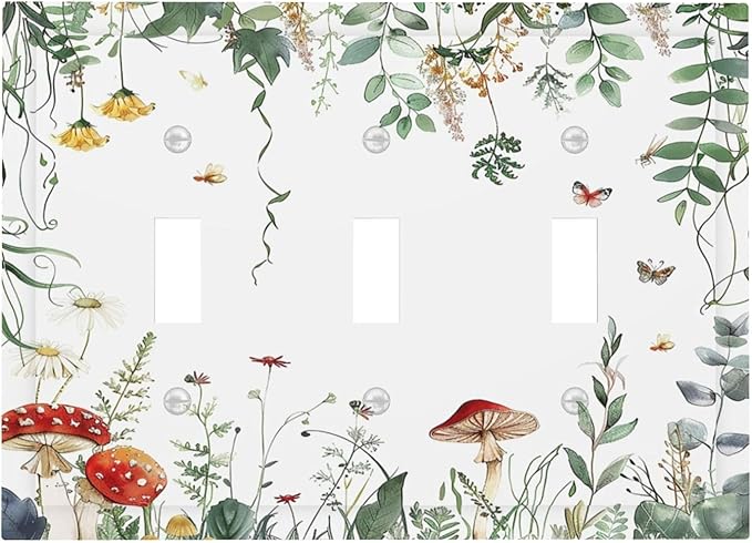 Decorative Switch Plates Sage Plant Red Mushroom Butterfly Wild Flower 3 Gang Wall Plate Triple Toggle Light Switch Cover Faceplate Electrical Wall Panels For Bed Room Kids Room Decor