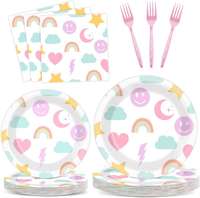 96Pcs Pastel Rainbow Party Plates and Napkins for Smlie Face Preppy Birthday Supplies Unicorn Themed Paper Dessert Plates Smile Tableware Set for Kids Boys 24 Guests Birthday Party Decorations