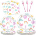96Pcs Pastel Rainbow Party Plates and Napkins for Smlie Face Preppy Birthday Supplies Unicorn Themed Paper Dessert Plates Smile Tableware Set for Kids Boys 24 Guests Birthday Party Decorations