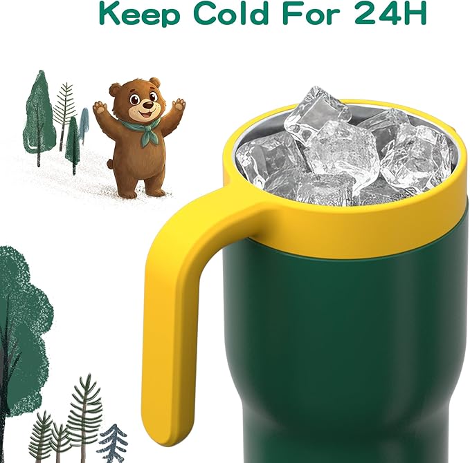 OISIZ 14oz Kids Tumbler with Straw Lid & Handle,Kids Cup with Animal Accessory for School,Kids Water Bottles with Dust-proof Cover,Leakproof Water Bottles,316 Stainless Steel,Keep Cold 24 Hours-green