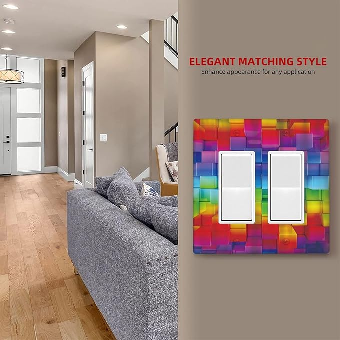 3D Colorful Rainbow Wall Abstract Squre Shaped 2 Gang Rocker Decora Light Switch Covers Decorative Unique Dual Outlet Covers Wall Plate Electrical Faceplate Switchplate GFCI for Kitchen Bedroom Decor