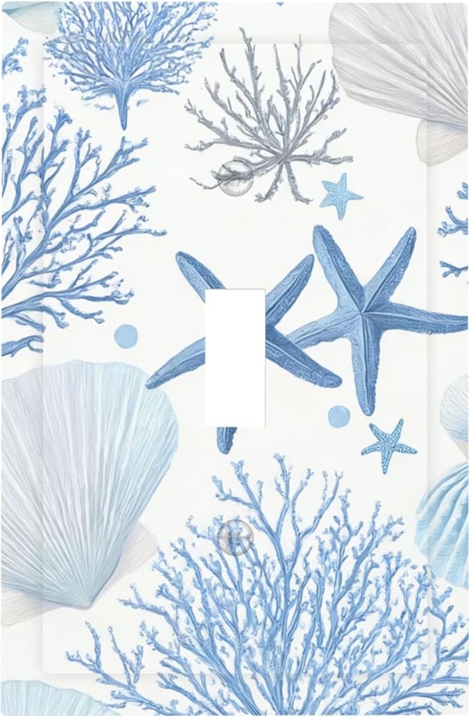 Coastal Blue Coral & Starfish 1-Gang Toggle Light Switch Plate, Watercolor Ocean Treasures Serene Underwater Garden Decorative Wall Plate for Beach House Decor