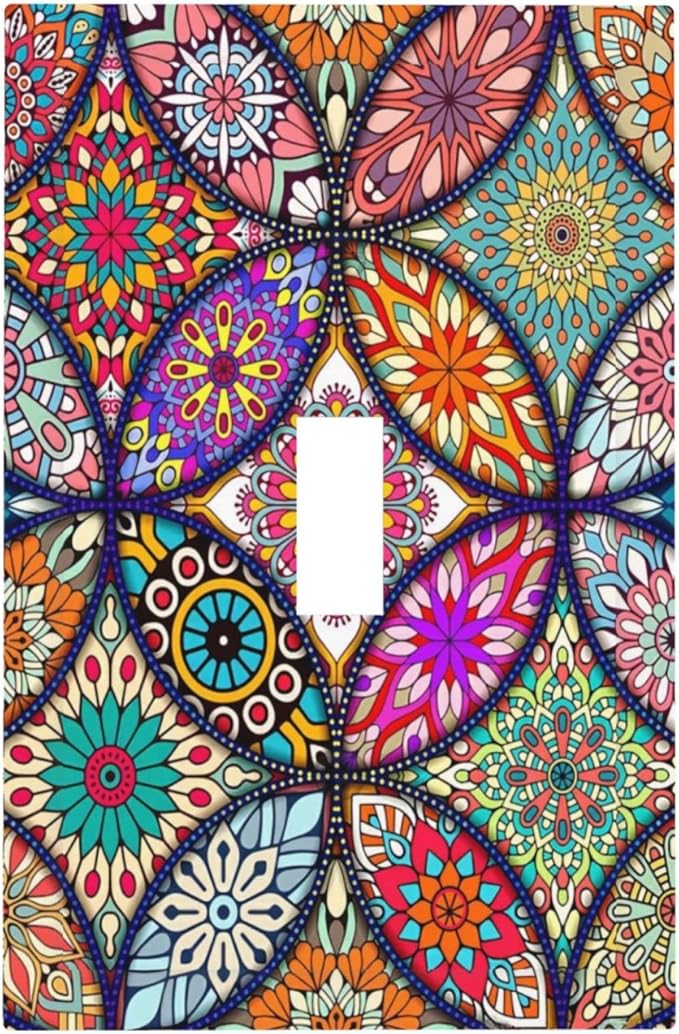 Bohemian Single Toggle Wall Plates Switchplate Covers Decorative 1 Gang Light Switch Covercolorful Vintage Floral Mandala Flower Faceplate for Kitchen Living Room Accessories Decor