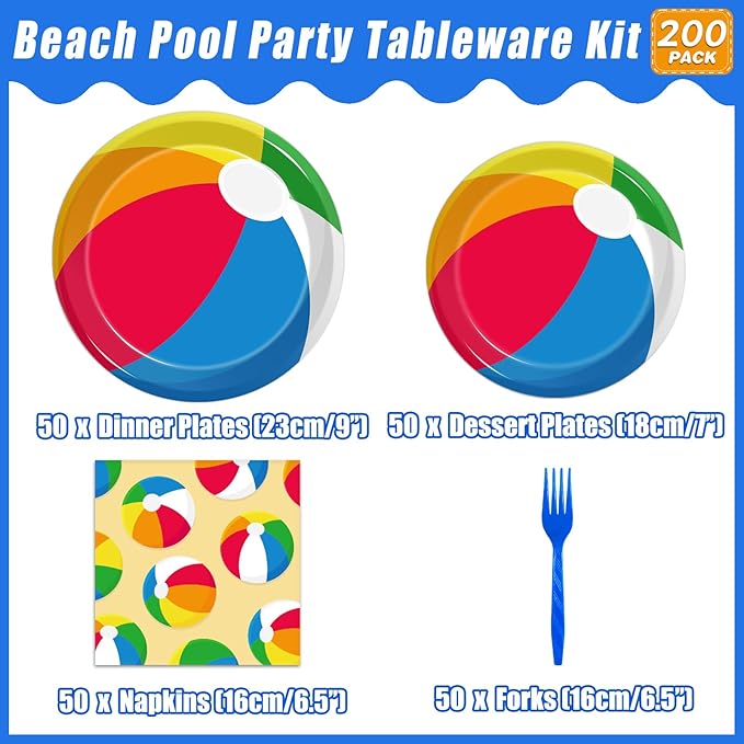 Kepeel 200Pcs Summer Pool Beach Party Tableware Set, Beach Pool Ball Party Decorations Supplies for Kids Boys Girls Summer Hawaiian Party Disposable Dessert Plates Napkins Forks Favors, Serve 50