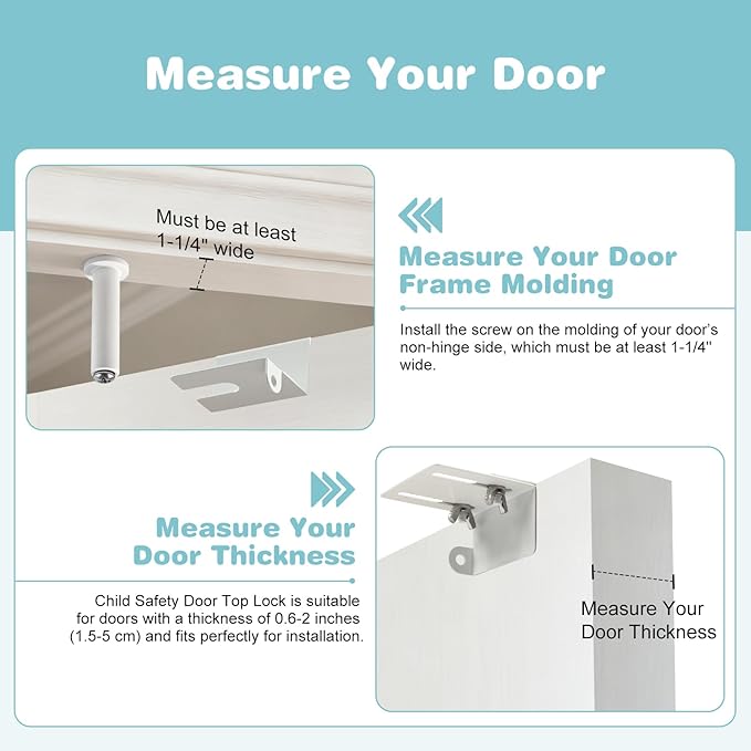 Child Safety Door Top Lock, Adjustable Metal Child Proof Door Top Locks for Interior&Exterior&French Doors, Lock & Unlock from Both Sides for Stop Kids Pets, Fit 0.6-2 inch Thick Doors (2Pack White)