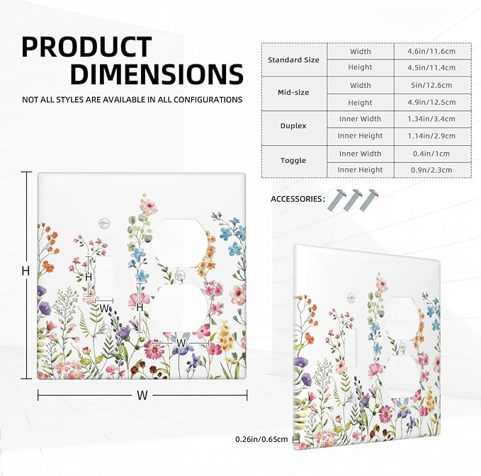 Boho Watercolor Wildflowers Floral Plants Flower Wallplates 1 Toggle 1 Duplex Switch Plate Electrical GFCI Faceplate Decorative Light Switch Covers for Bedroom Living Room Decor