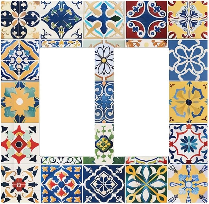 Decorative Outlet Covers Moroccan Traditional Mexican Talavera Til 2 Gang Double GFCI Rocker Electrical Wall Panels Light Switch Cover Plate for Kitchen Home Decor
