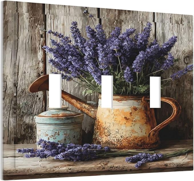 Rustic Flowers Lavender Purple Floral Oil Painting Decorative Switch Plates 3 Gang Wall Plate Triple Toggle Light Switch Cover Faceplate Electrical Wall Panels for Farmhouse Bedroom Decor