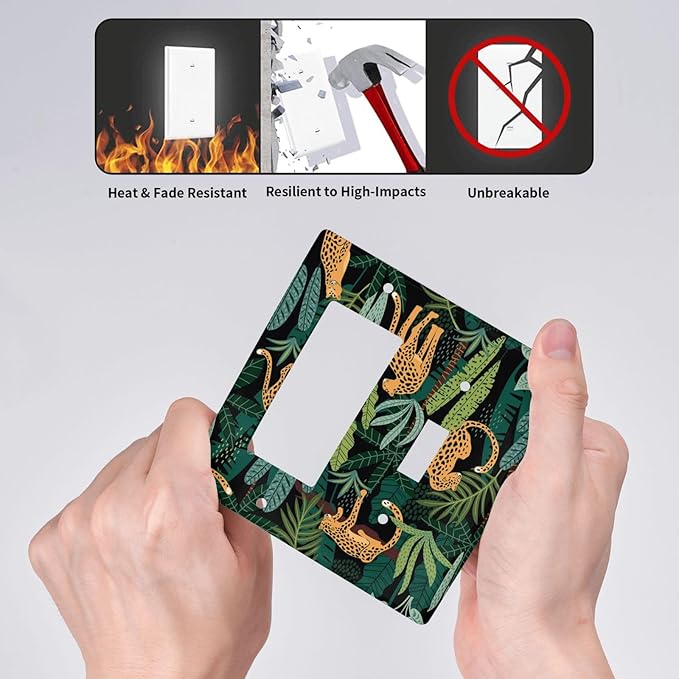 Jungle Cheetah Tropical Wildlife Leopard Green Palm Leaf Outlet Covers 1 Toggle 1 Rocker Combination Decorative Wall Plate Electrical Switch Plates Light Switch Cover Plate for Farmhouse Home Decor