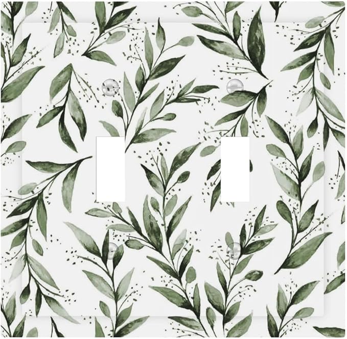 Green Leaf Olive Leaf Sage Floral Decorative Switch Plates 2 Gang Double Toggle Outlet Light Switch Cover Wall Plate Electrical Faceplate for Bedroom Living Room Decor