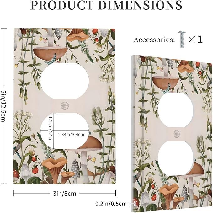 Boho Mushroom Forest Plants Wildflowers Insects Outlet Covers 1 Gang Duplex Light Switch Cover Decorative Switch Plates Electrical Receptacle Faceplate Wall Plate for Kids Room Home Decor