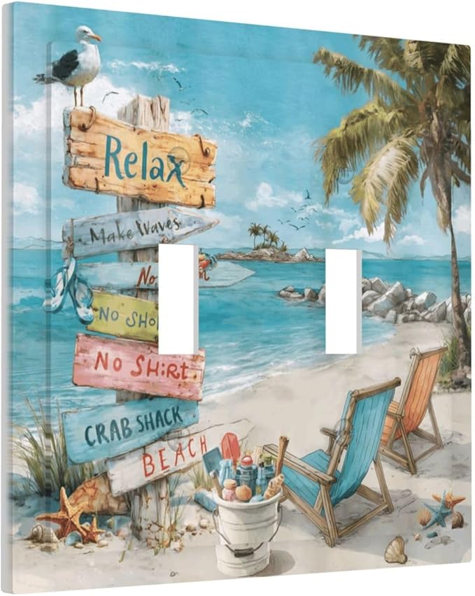 Ocean Beach Tropical Palm Tree Coastal Seaside Decorative Switch Plates 2 Gang Double Toggle Outlet Light Switch Cover Wall Plate Electrical Faceplate for Kids Room Living Room Decor