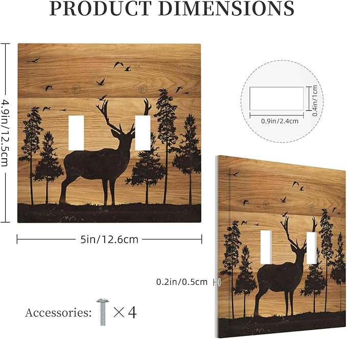 Elk Moose Forest Hunting Pyrography Art Wood Texture Print Decorative Switch Plates 2 Gang Double Toggle Outlet Light Switch Cover Wall Plate Electrical Faceplate for Farmhouse Bedroom Decor