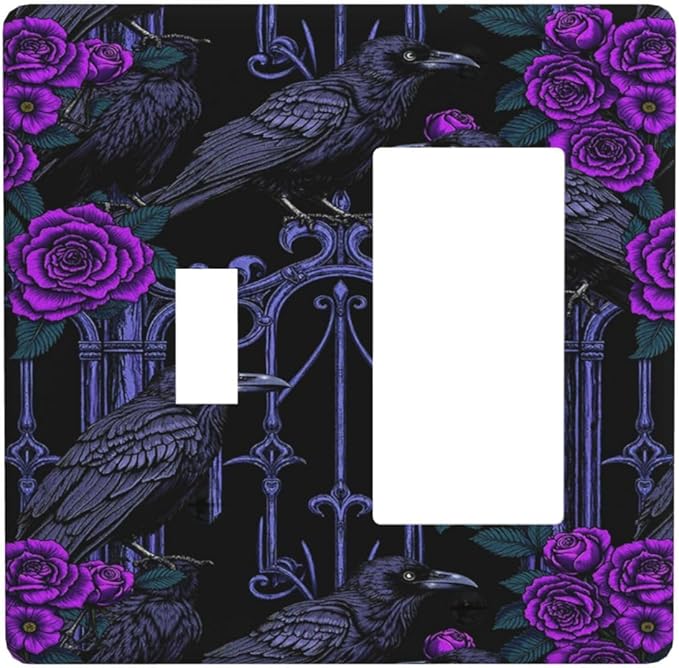 Outlet Covers Gothic Style Crow Purple Flowers 1 Toggle 1 Rocker Combination Decorative Wall Plate Light Switch Cover Plate Electrical Switch Plates for Bedroom living Room Decor