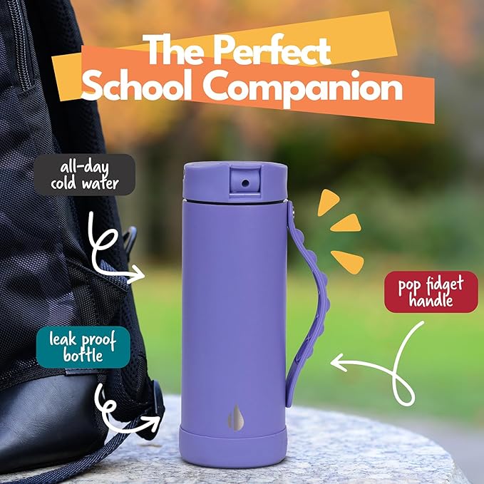 Elemental Iconic Kids Water Bottle for School - 100% Leak-Proof Insulated Water Bottles with Straw Lid & Pop-It Handle for Boys & Girls - Triple-Wall Insulated & BPA-Free, 14oz – Lavender