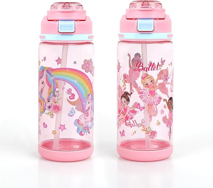 decalsweet Kids Water Bottle 20oz Durable Leak-Proof Plastic Water Cup for Kids Toddlers,With Straw Handle and Pop-Up Spout Cover,Safe for School Sports Daycare Travel & Camp Pack of 2
