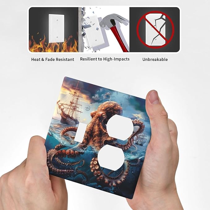 Outlet Covers Deep Ocean Octopus Sailboat Sea Monster 2 Gang Decorative Switch Plates 1 Toggle Duplex Combo Light Switch Cover GFCI Socket Cover WallPlates for Bathroom Bedroom Decor