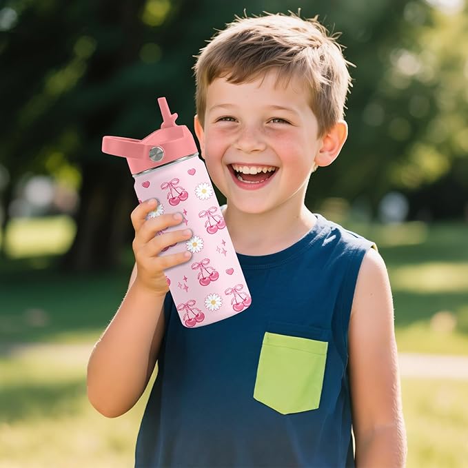 Cherry Gifts for Kids - 16oz Pink Kids Water Bottle with Straw Lid, Stainless Steel Insulated Tumbler, Leakproof, BPA-Free, for Girls, School, Travel - Cherry Lovers Children Birthday Gift Cup (1pc)