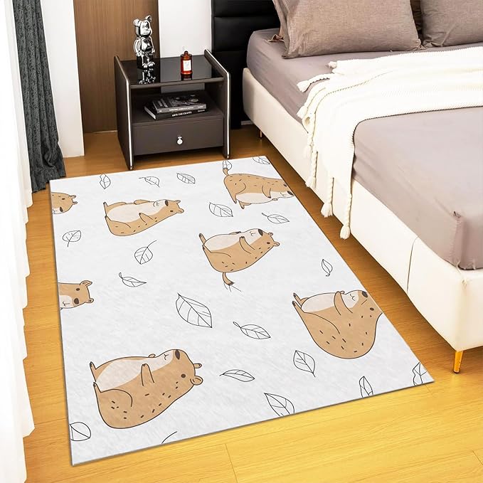 Cartoon Animal Capybara Rugs 3.3×4ft Non-Slip Soft Washable Area Rug for Nursery Kids Girls Boys Bedroom, Ultra-Thin Low Pile Carpet for Living Room Dorm Dining Room Decor