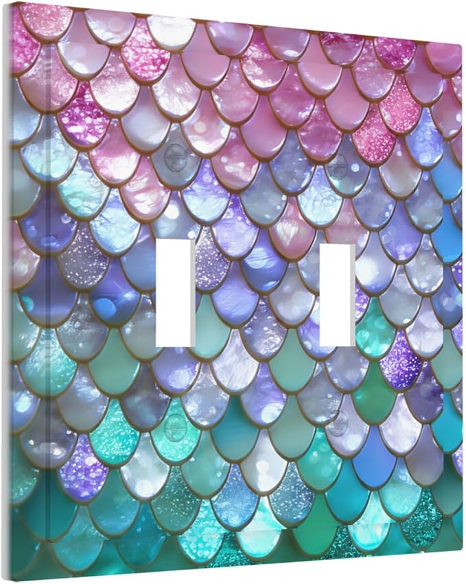 Iridescent Mermaid Scales Double Toggle Switch Cover - 2-Gang Standard US Size Magical Rainbow Mermaid Light Switch Covers for Girls Room Decor